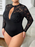 Plus Size Lace Sheer Hollow Bodysuit