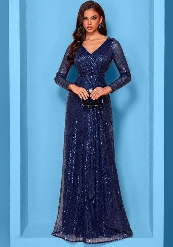 Luxury Blue Long Sleeve V-Neck Sequin Elegant Evening Gown for Weddings & Parties（Processing time need 3-6 days）