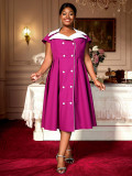 Plus Women Rose Color Block Turndown Collar Elegant Formal Party Dress