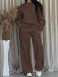 Women Autumn/Winter Solid Round Neck Top and Wide-Leg Pants Two-Piece Set