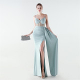 Satin & Mesh Slim Waist High-Slit Luxury Formal Party Gown