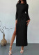 Round Neck Long Sleeve Solid Slim Waist High-Slit Bodycon Long Dress