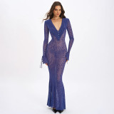 Women Autumn/Winter Solid Multi-Color Flocked Mesh V-Neck Bell Bottom Long-Sleeved Dress
