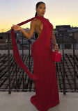 Women Winter Sexy Backless Halter Neck Solid Pleated Dress