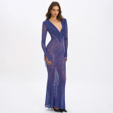 Women Autumn/Winter Solid Multi-Color Flocked Mesh V-Neck Bell Bottom Long-Sleeved Dress