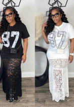 Women Round Neck Print Casual Patchwork Lace Maxi Dress