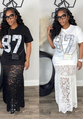 Women Round Neck Print Casual Patchwork Lace Maxi Dress