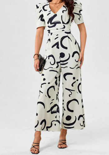 Women Summer Printed V-neck Long Pants Short-sleeved Jumpsuit