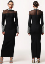 Women High-Neck Long-Sleeved Beaded Dress