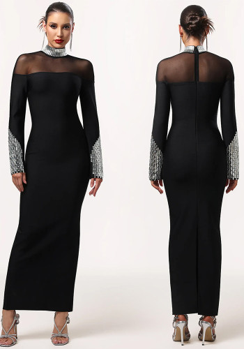 Women High-Neck Long-Sleeved Beaded Dress