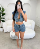 Women Casual Washed Colorblock Short Sleeve Top Turned Denim Shorts Two-piece Set