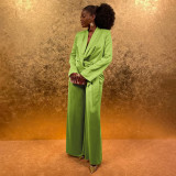 Women Autumn/Winter Solid Turndown Collar Tie-Up Top and Wide-Leg Pants Two-Piece Set