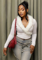 Women Autumn/Winter Fur Collar Long-Sleeved Sexy Top