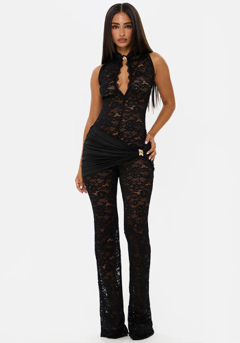 Women Sexy Lace Sleeveless Pleated See-Through Jumpsuit