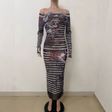 Women Mesh See-Through Thorn Rose Print Sexy Long-Sleeved Dress