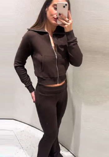 Women Autumn/Winter Casual Turndown Collar Hooded Zip-up Jacket and Pant Two-Piece Set