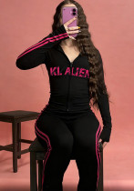 Women Autumn/Winter Zipper Hooded Top and Printed Pants Two-Piece Set