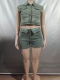 Women Casual Washed Colorblock Short Sleeve Top Turned Denim Shorts Two-piece Set