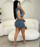 Women Casual Washed Colorblock Short Sleeve Top Turned Denim Shorts Two-piece Set