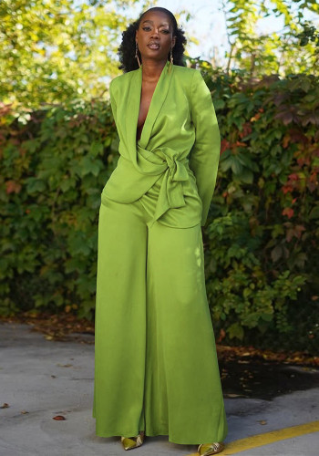 Women Autumn/Winter Solid Turndown Collar Tie-Up Top and Wide-Leg Pants Two-Piece Set