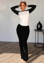 Women Round Neck Patchwork T-Shirt and Bell Bottom Yoga Pants Two-Piece Set