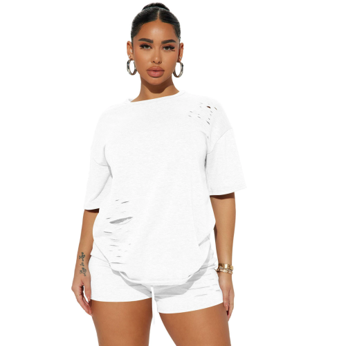 Ladies Fashion Casual Ripped Solid Color Two-Piece Set