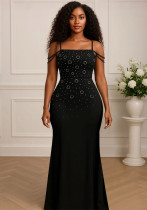 Women Sexy Spaghetti Strap Beaded Party Maxi Dress