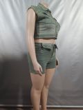 Women Casual Washed Colorblock Short Sleeve Top Turned Denim Shorts Two-piece Set