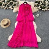Women French Elegant Beaded Floral Lace-Up Pleated Maxi Dress