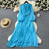 Women French Elegant Beaded Floral Lace-Up Pleated Maxi Dress