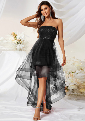 Women Sleeveless Strapless Mesh Sequin Party Dress