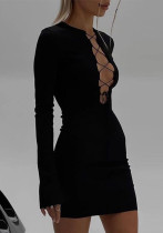 Women Solid Lace-up Sexy Lace-up Bell Bottom Long-sleeved Dress