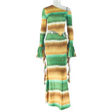 Women Casual Holiday Color-Blocked Slash Shoulder Asymmetrical Top and Skirt Two-Piece Set