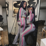Women Autumn/Winter Zipper Hooded Top and Printed Pants Two-Piece Set