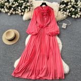 Women French Elegant Beaded Floral Lace-Up Pleated Maxi Dress