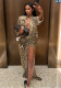Women Autumn/Winter Leopard Print Turndown Collar Sexy Long-Sleeved Slit Dress