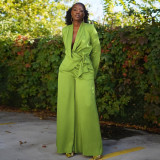 Women Autumn/Winter Solid Turndown Collar Tie-Up Top and Wide-Leg Pants Two-Piece Set