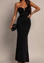 Women Metal Buckle Sleeveless Solid Bodycon Dress