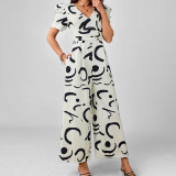 Women Summer Printed V-neck Long Pants Short-sleeved Jumpsuit