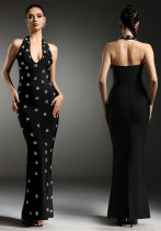 Women Elegant Backless Beaded Halter Neck Dress