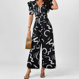 Women Summer Printed V-neck Long Pants Short-sleeved Jumpsuit