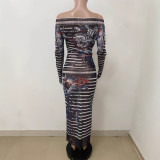 Women Mesh See-Through Thorn Rose Print Sexy Long-Sleeved Dress
