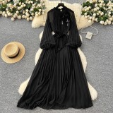 Women French Elegant Beaded Floral Lace-Up Pleated Maxi Dress