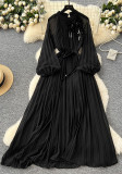 Women French Elegant Beaded Floral Lace-Up Pleated Maxi Dress