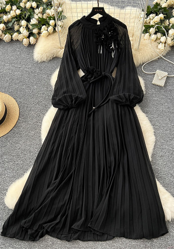 Women French Elegant Beaded Floral Lace-Up Pleated Maxi Dress