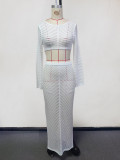 Women Sexy Crop Bodycon Holidays Round Neck Long-sleeved Top and Skirt Two-Piece Set