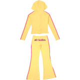 Women Autumn/Winter Zipper Hooded Top and Printed Pants Two-Piece Set