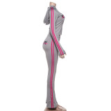 Women Autumn/Winter Zipper Hooded Top and Printed Pants Two-Piece Set