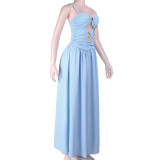 Women Spaghetti Strap Dress Plunging Solid Hollow-Out Dress