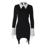 Women Winter Color Block Turndown Collar Long-Sleeved Bodycon Dress